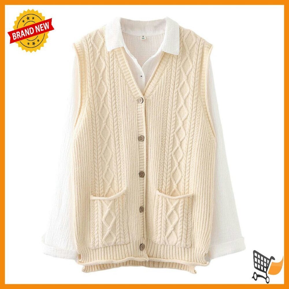 Women's Cable Knit V-Neck Button Vest with Pockets